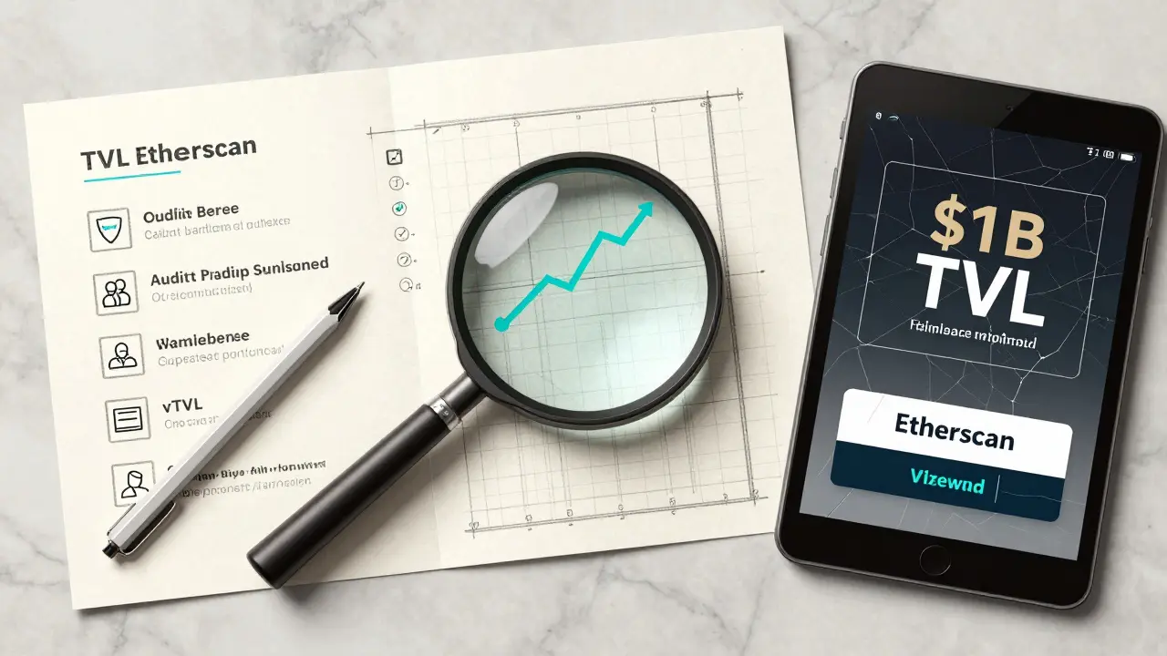 Investor toolset with magnifying glass over TVL chart, checklist, and cracked tablet showing false data.