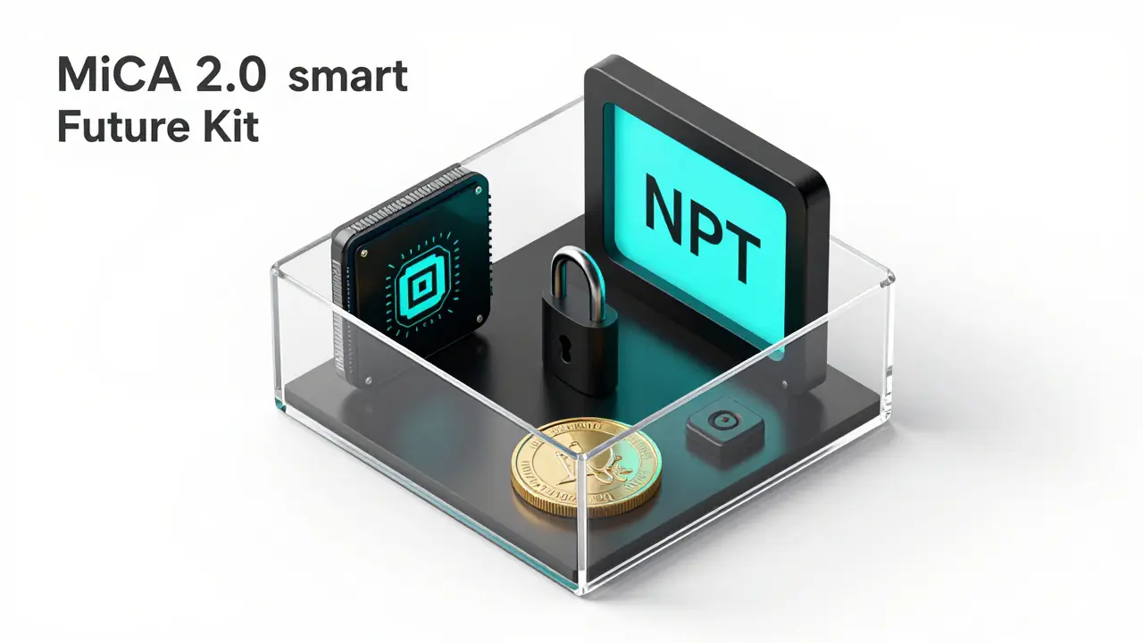 Isometric design of a future MiCA 2.0 kit with DeFi chip, NFT frame, and digital euro coin.
