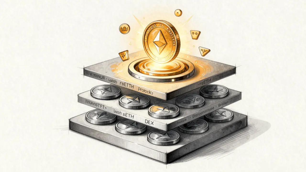 Layered 3D model sketch of a staked ETH token being reused across DeFi protocols with KERNEL token at the center as a control hub.