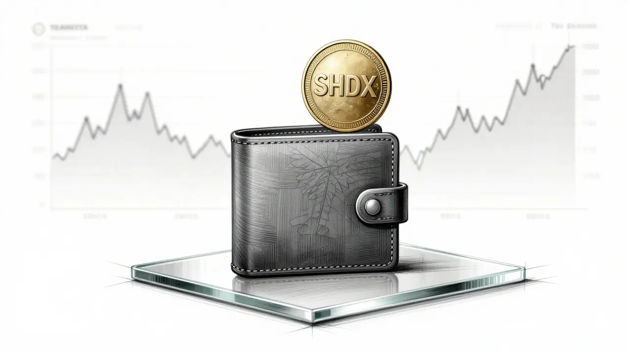 Lone wallet with a single token above it, surrounded by fading trading charts and emptiness.