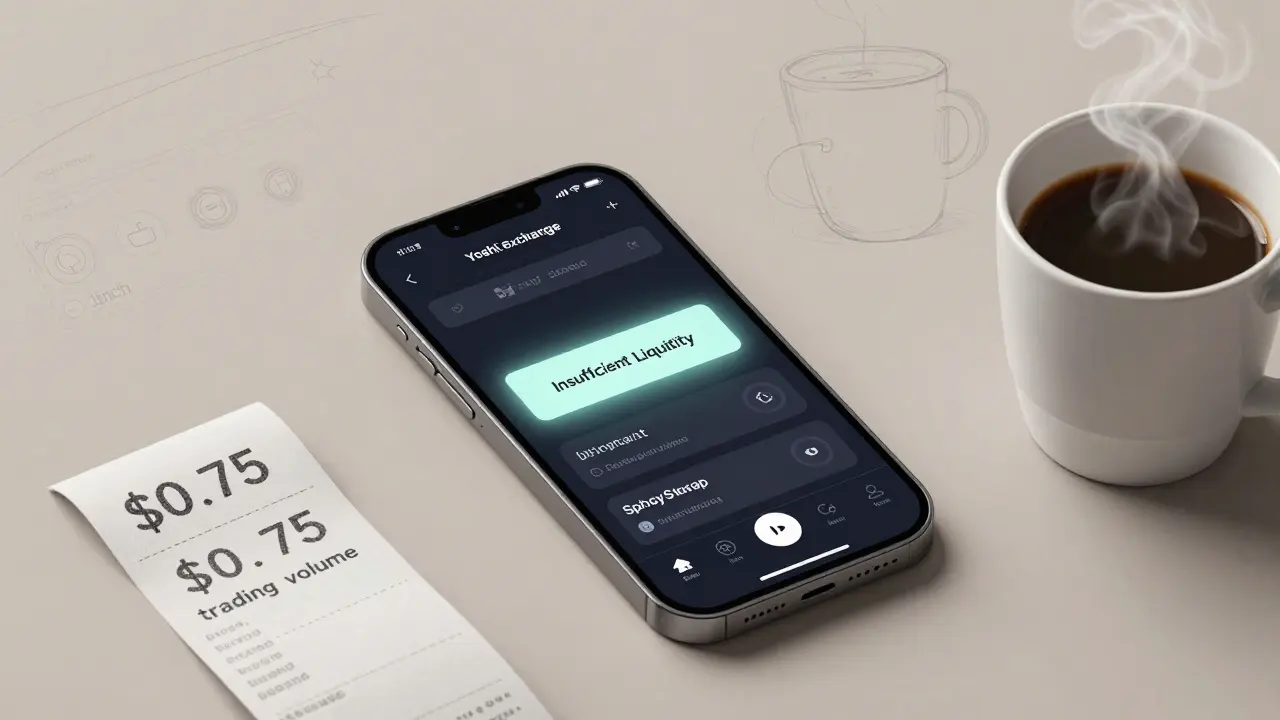 Lonely smartphone showing Yoshi.exchange error next to coffee cup and <h2>Is It Safe?</h2>.75 trading receipt.