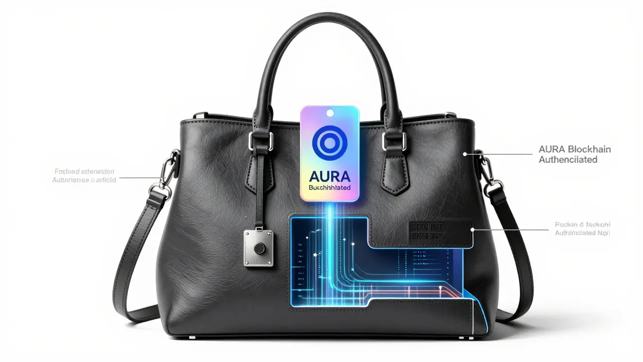 Luxury handbag with embedded NFT verification tag and holographic blockchain data projection