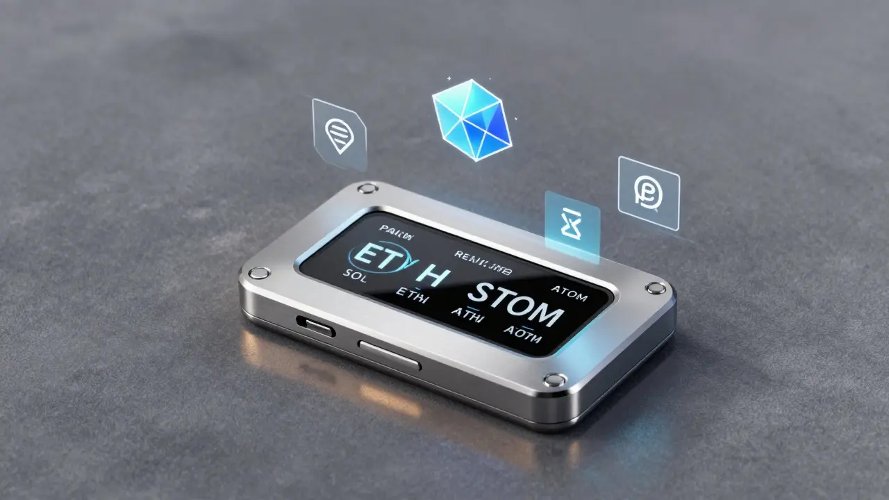 Luxury staking wallet with titanium body and floating digital balance icons on velvet surface.