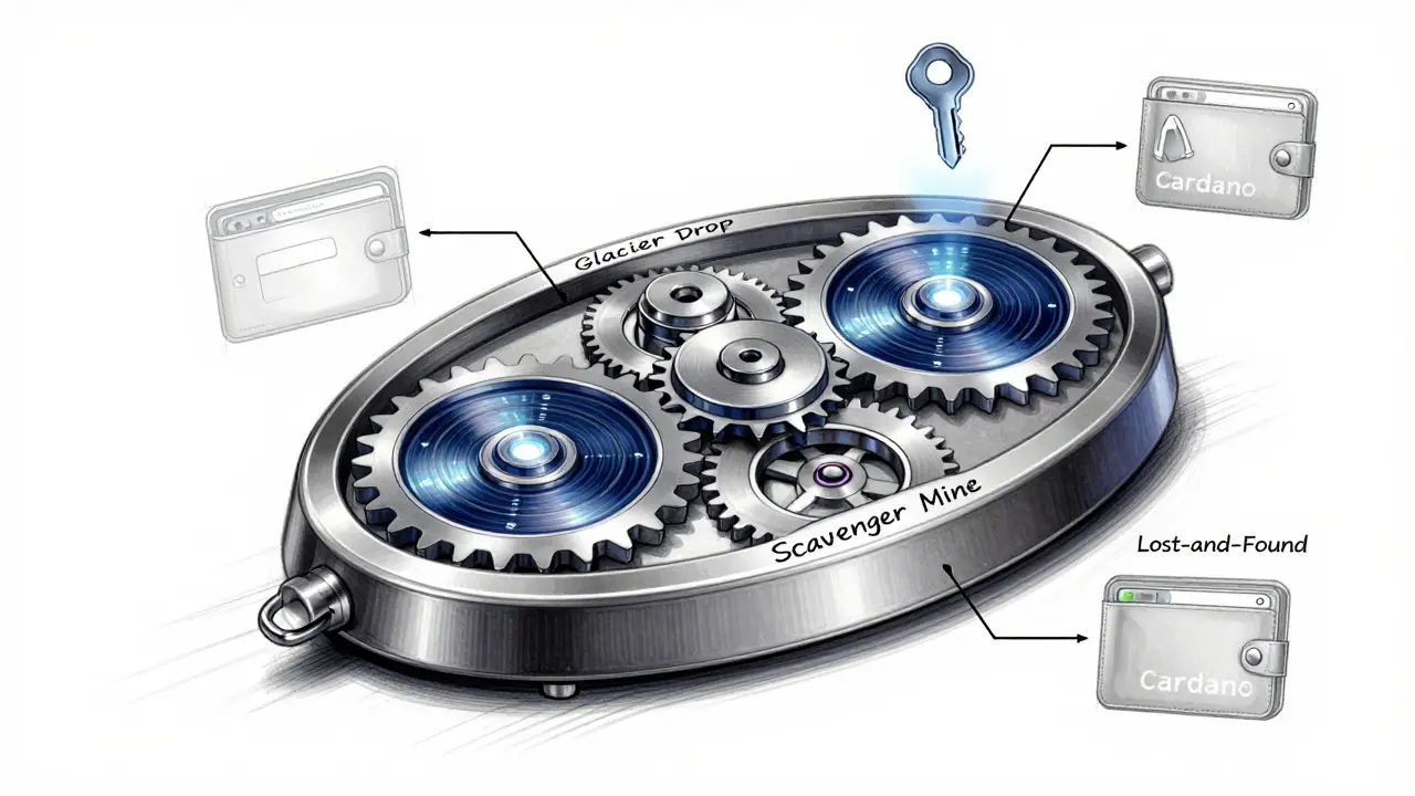 Mechanical clockwork device showing three phases of NIGHT token distribution with randomized unlocking gears.