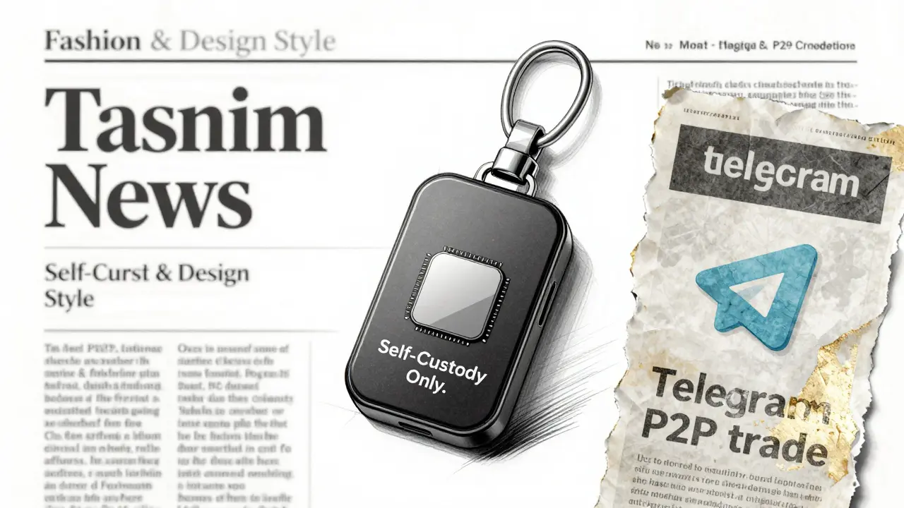 Minimalist crypto keychain device beside banned media clippings, drawn in technical ink sketch.