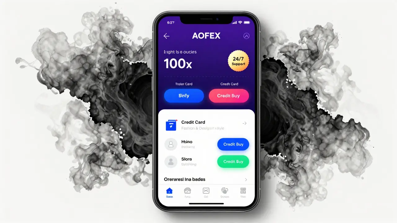 Mobile app design of AOFEX with glowing trading features, but edges dissolving into smoke, suggesting hidden instability.