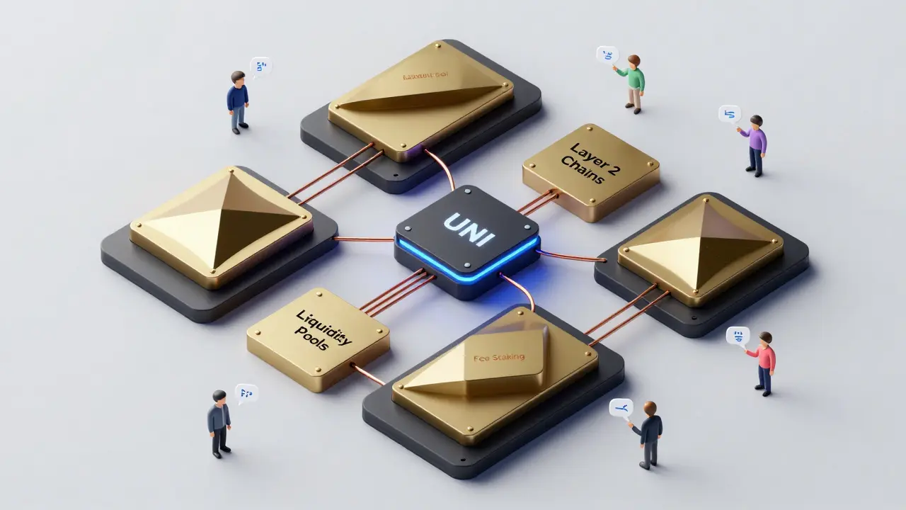 Modular DeFi board with UNI as central node connected to liquidity and Layer 2 components