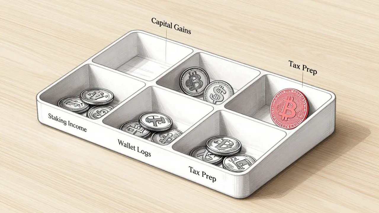 Modular desktop organizer with labeled compartments for crypto tax records and tokens.