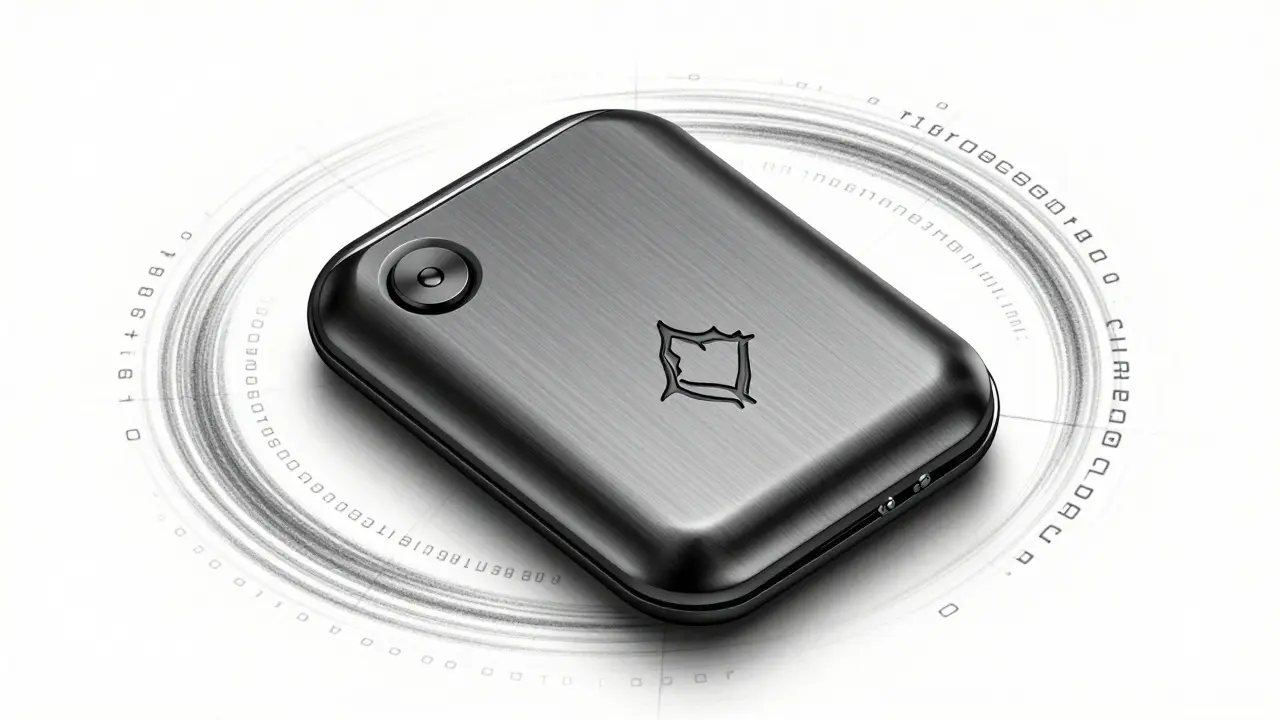 Palm-sized hardware wallet with an etched Merkle root symbol and fading transaction hashes.