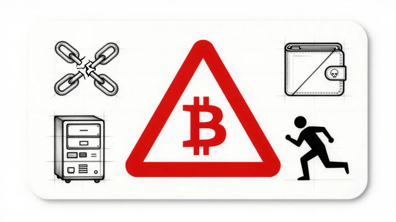 Red warning label with Bitcoin skull icon, broken chain, vanished server, and fleeing figure in technical draft style.
