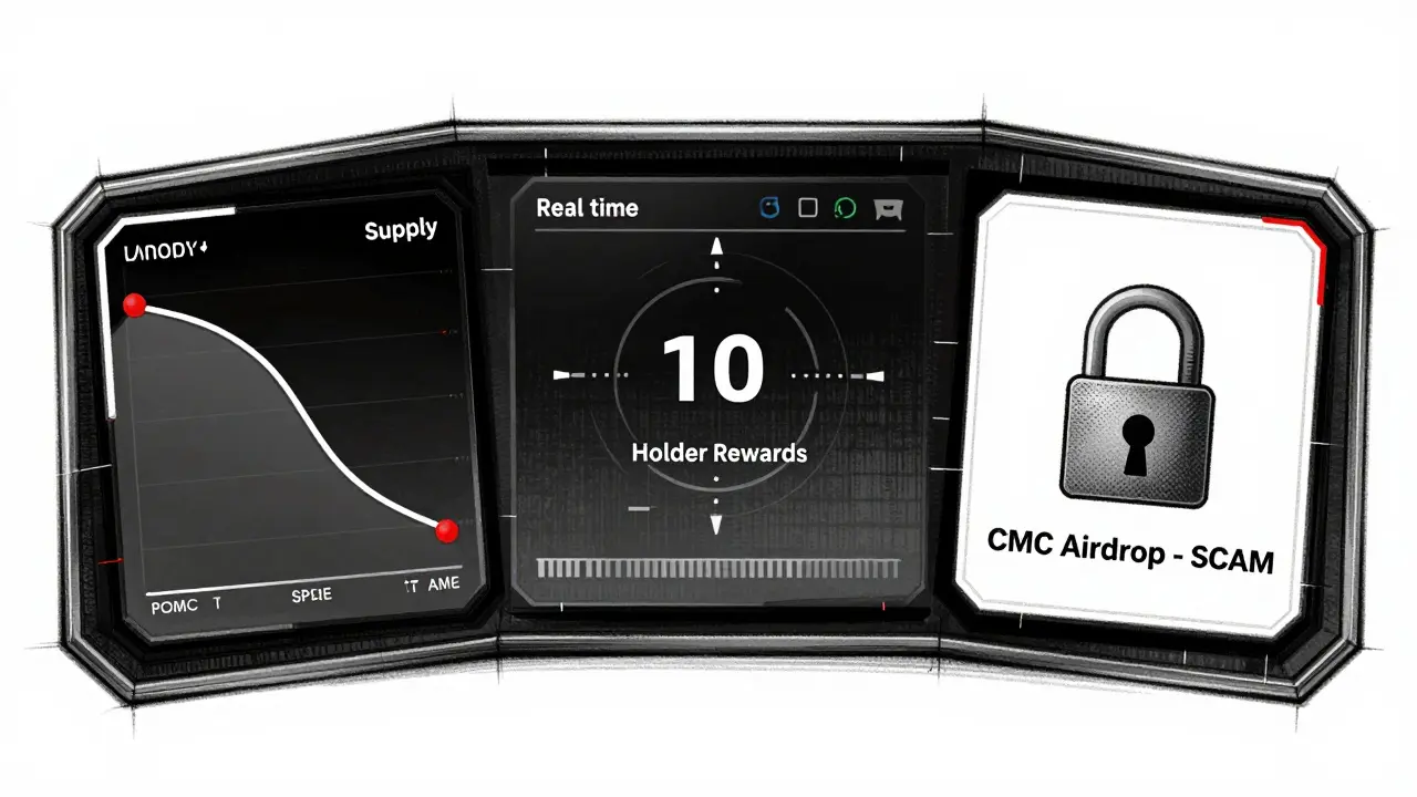 Security dashboard sketch showing token burn, rewards, and a red &#039;CMC Airdrop - SCAM&#039; warning.