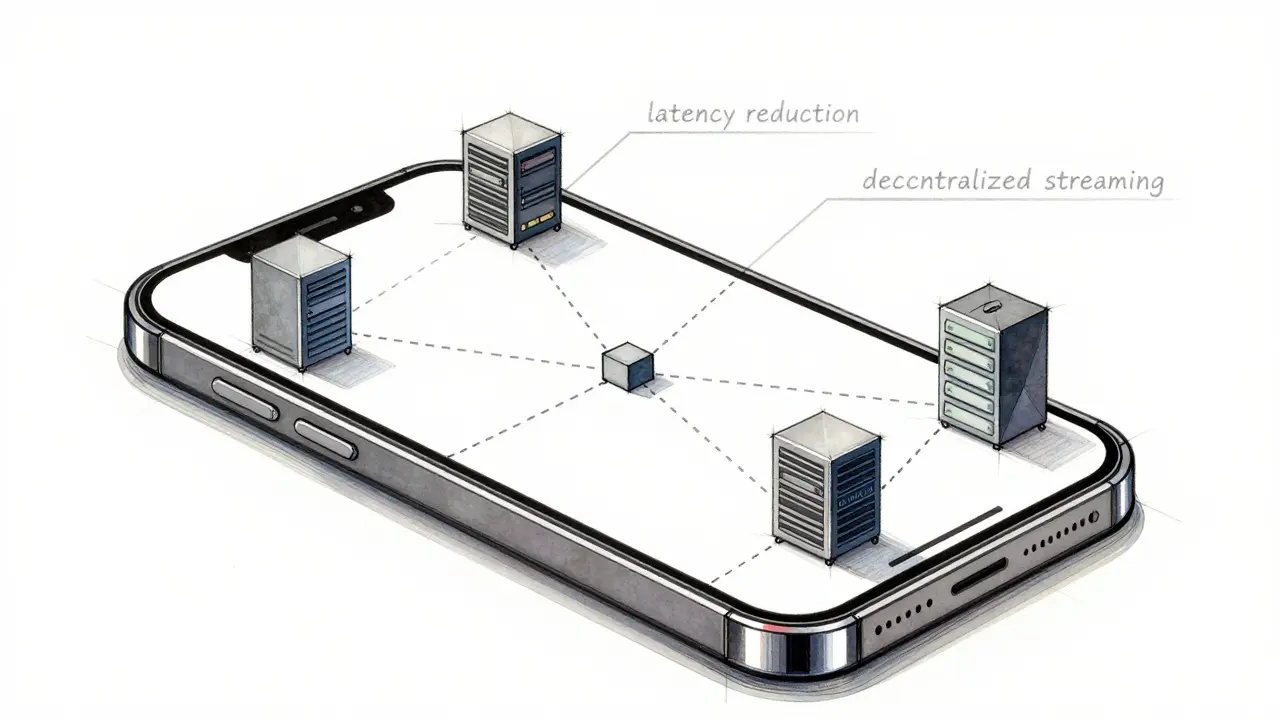 Smartphone displaying a 3D metaverse scene connected to edge servers via dashed lines
