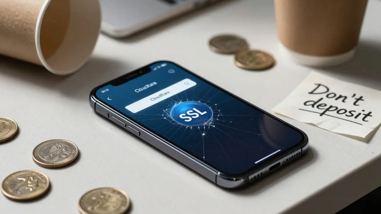 Smartphone showing SSL error on desk, surrounded by coins and a warning note, drawn in ink and charcoal.
