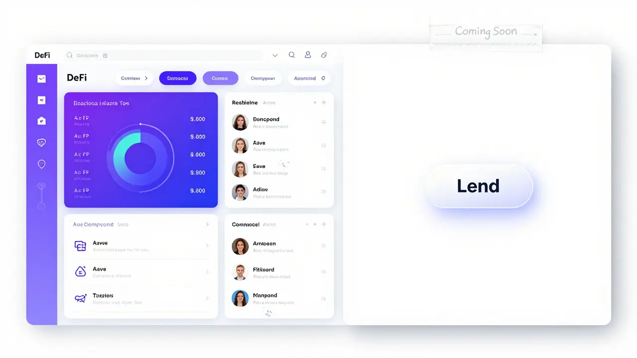 Split design: active DeFi dashboard vs. empty KLend interface with 'Coming Soon' note, drawn in technical pencil lines.
