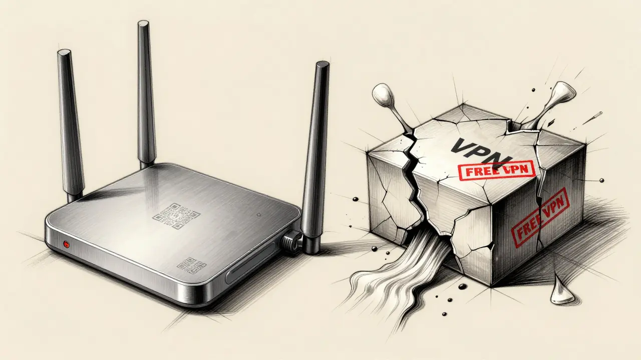 Split design comparing premium VPN versus free VPN with warning symbols and data leaks.