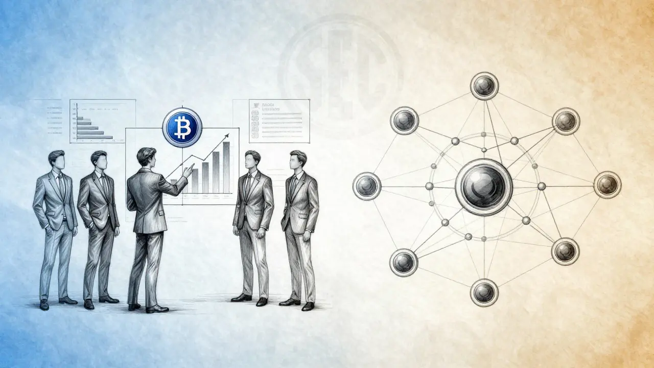 Split design showing centralized crypto team versus decentralized blockchain network