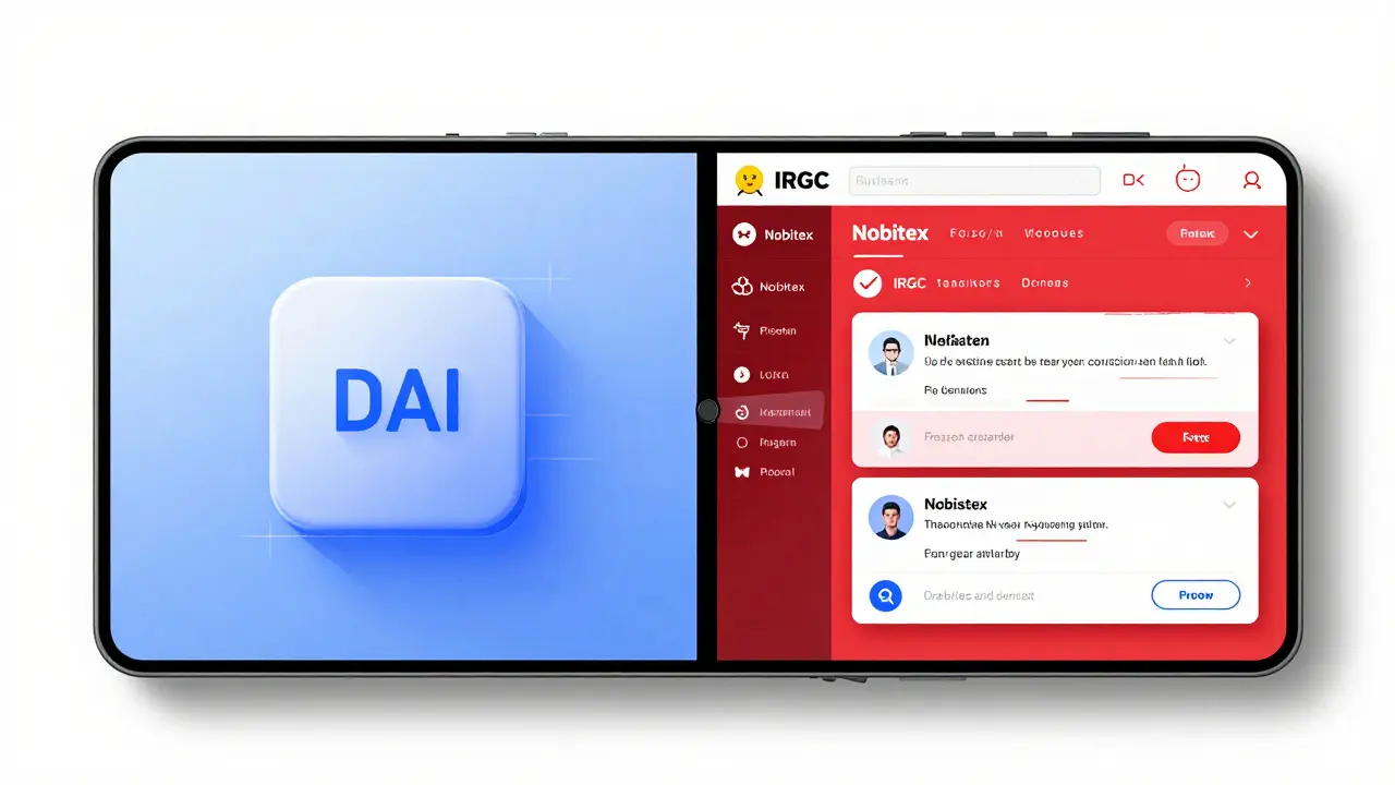 Split design showing secure MetaMask wallet versus chaotic Nobitex exchange with hack alerts.