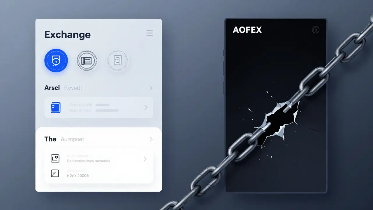 Split design sketch comparing a secure exchange with AOFEX’s broken interface, one side intact, the other unraveling.