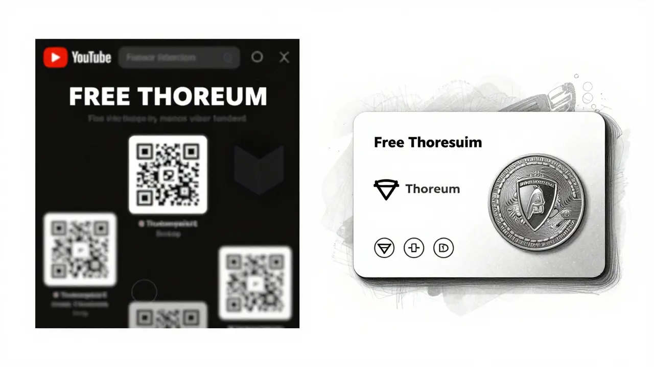 Split sketch contrasting fake airdrop flyer with legitimate Thoreum token design.