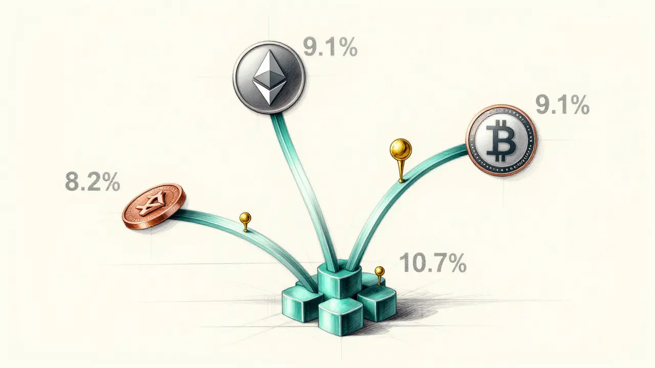 Technical sketch of a wallet interface showing one ETH token splitting into three yield pathways across different blockchains.