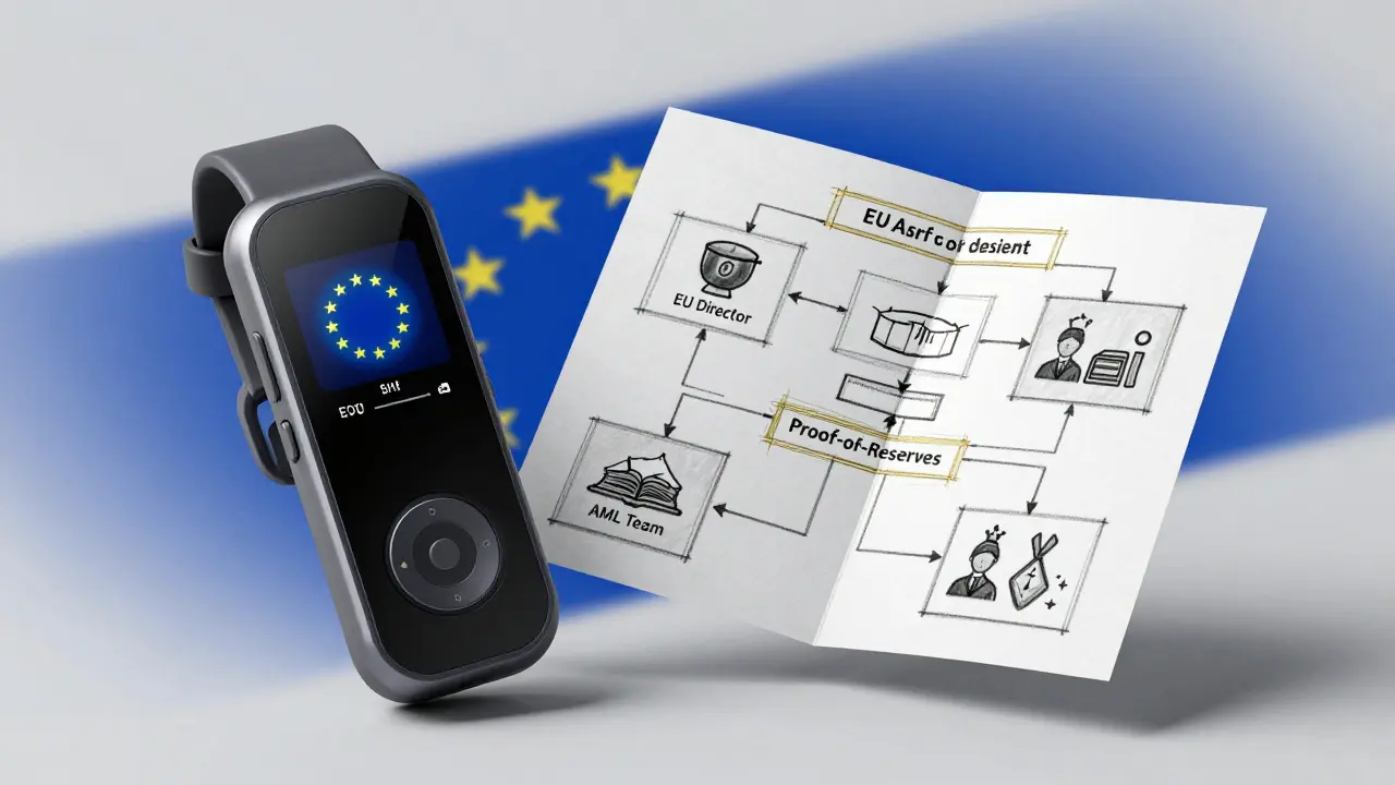 Technical sketch of a wearable compliance tool with EU flag and organizational chart.