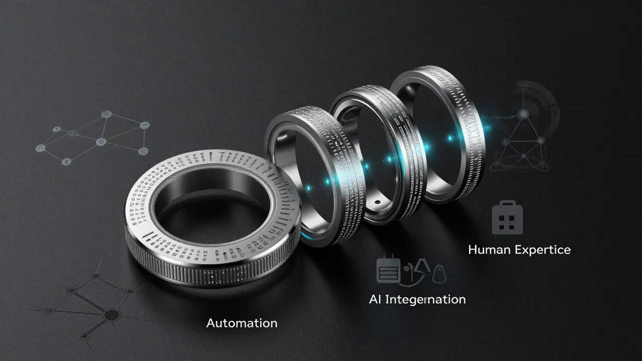 Three interlocking rings representing automation, human expertise, and AI in blockchain auditing, engraved with micro-code.
