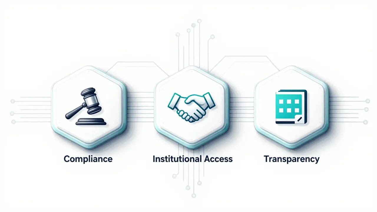 Three modular hexagons labeled Compliance, Institutional Access, and Transparency connected by circuit lines.