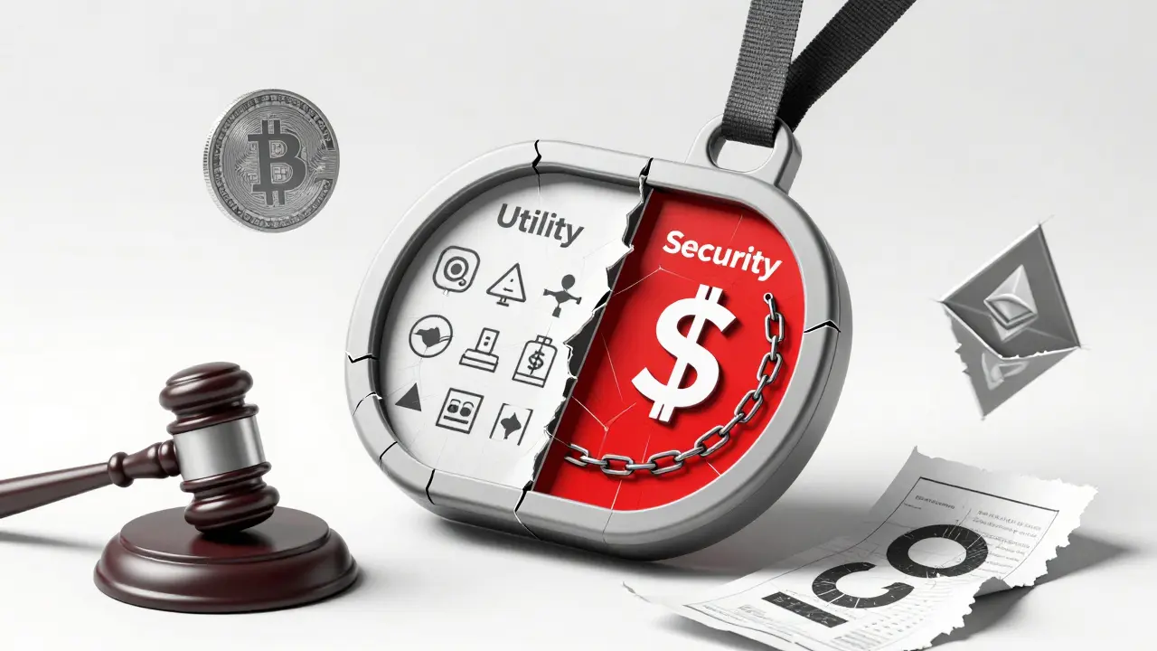 Token prototype with utility and security layers revealed, surrounded by legal and crypto symbols