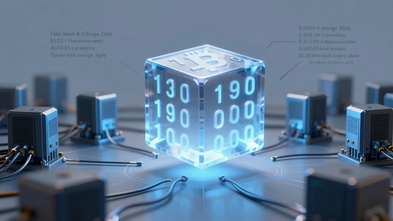 Translucent Bitcoin block with 19 leading zeros floating above mining hardware in pencil sketch style.