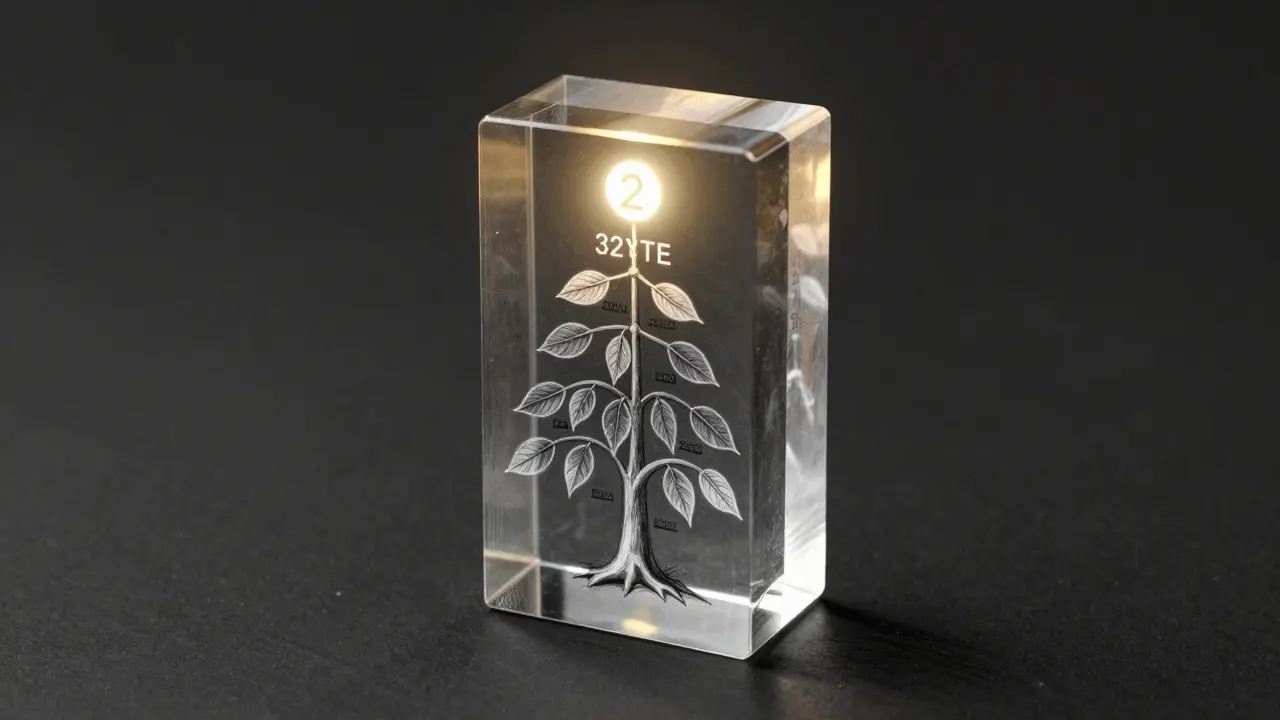 Transparent block revealing an ascending Merkle tree ending in a glowing root hash.