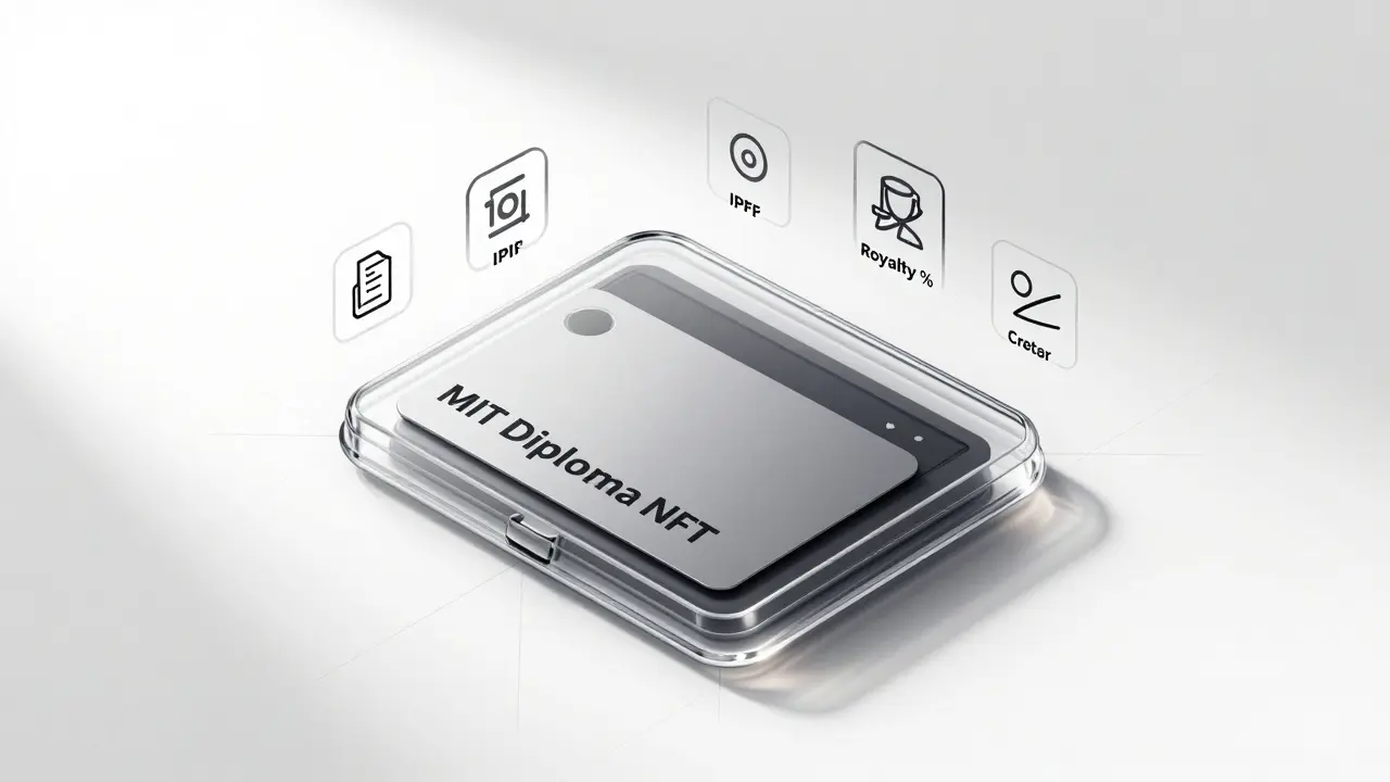 Transparent digital wallet holding an NFT diploma with floating metadata icons and grid-lined workspace
