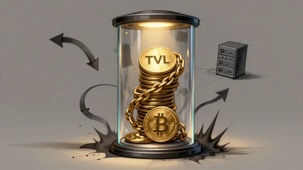 Transparent vault with crypto tokens bound by chains, surrounded by deceptive data tendrils under spotlight.