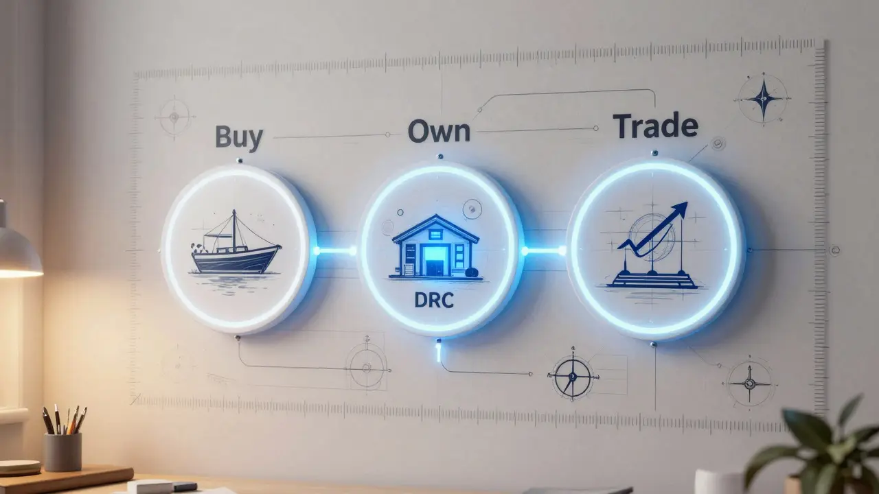 Wall dashboard with circular panels for buying, owning, and trading tokenized real-world assets.