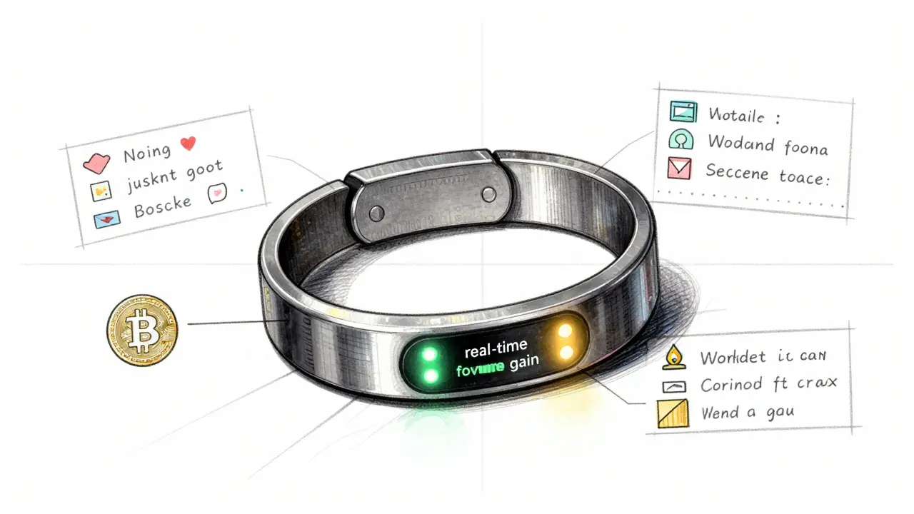 Wearable crypto compliance tracker wristband with LED indicators for tax status.