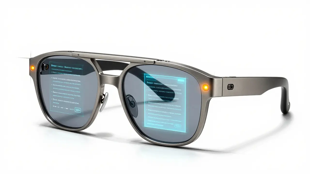 Wearable lens projecting holographic smart contract alerts, designed as avant-garde eyewear with a pulsing amber LED.