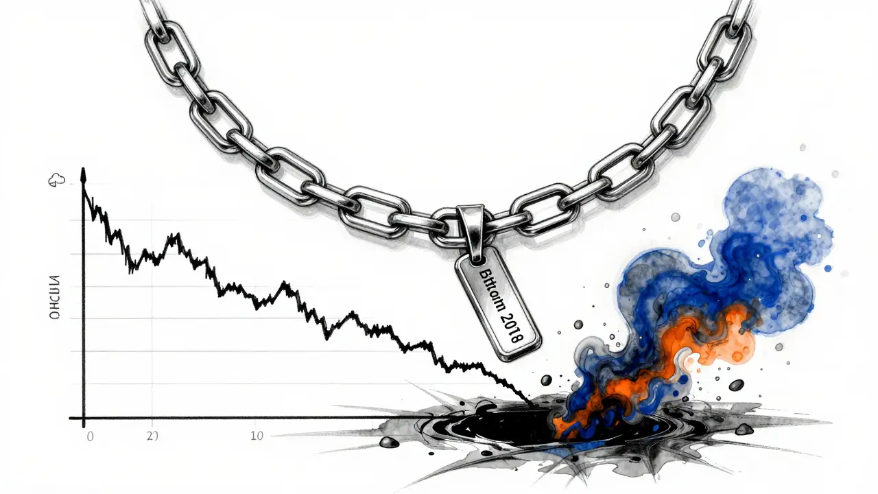 A broken blockchain necklace with one link snapping, suspended above a crashing price chart into a black hole.