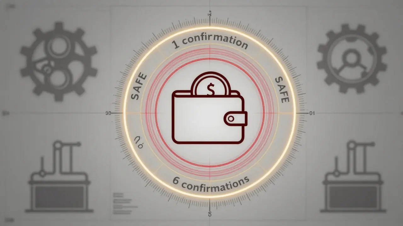 A minimalist wallet with confirmations radiating outward, inner rings fading to red, outer ring glowing gold.