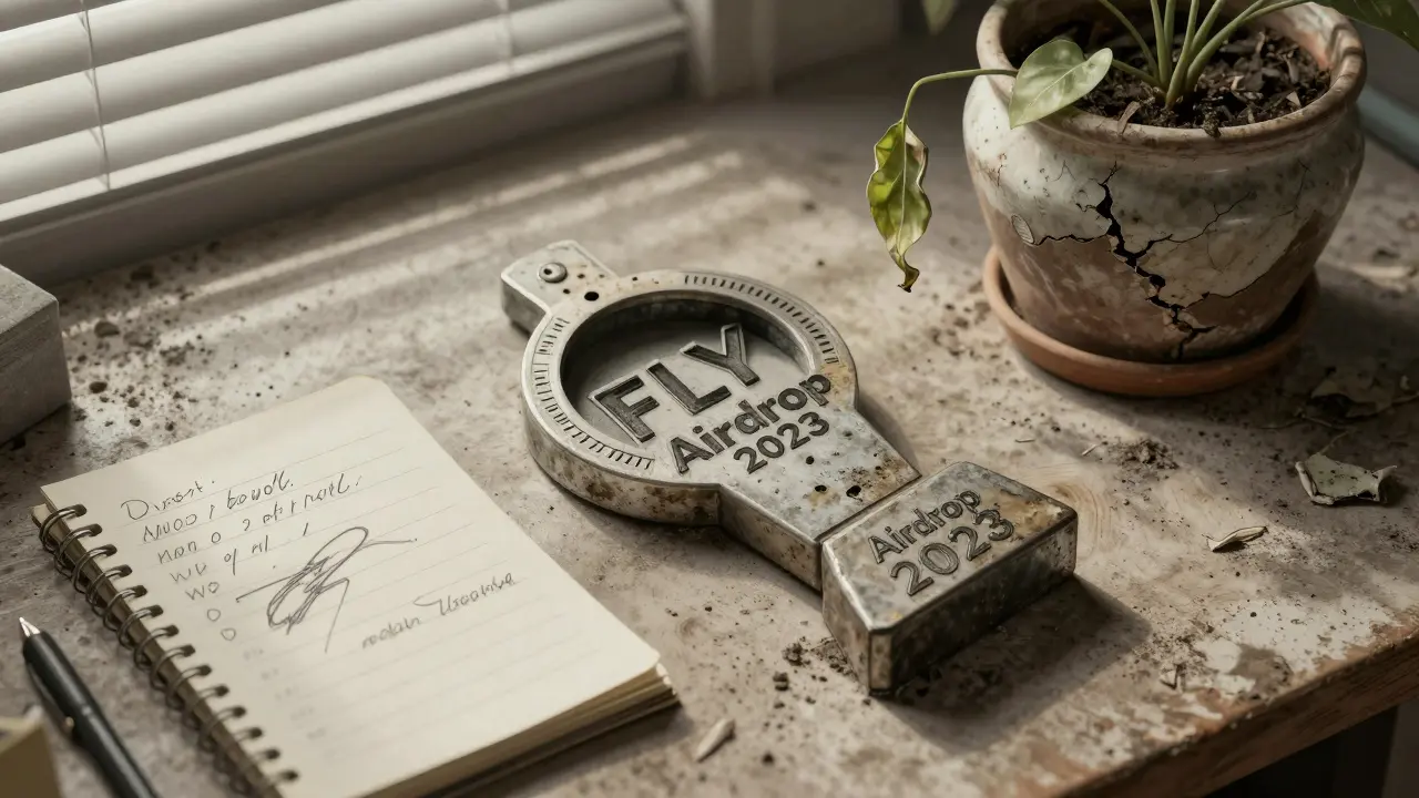 Abandoned FLY airdrop trophy on a dusty desk with a wilting plant.