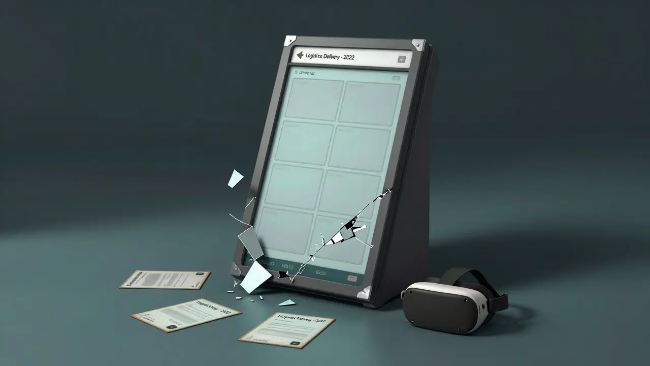 Abandoned NFT marketplace kiosk with cracked screen and scattered promotional cards.