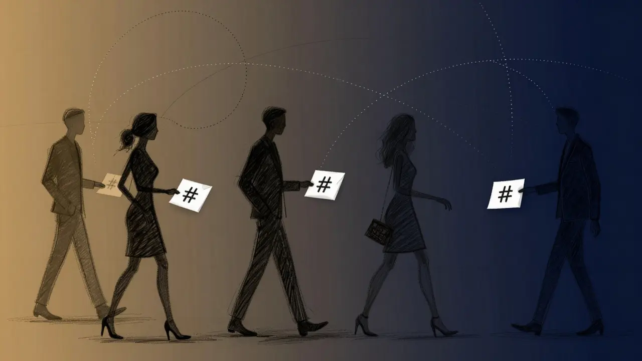 Abstract party scene where people pass data notes, illustrating gossip protocol in a decentralized network.