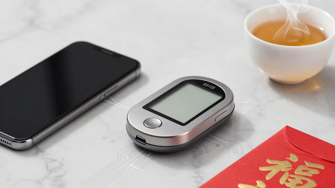 An oval hardware wallet beside a dead phone, showing offline digital currency functionality.