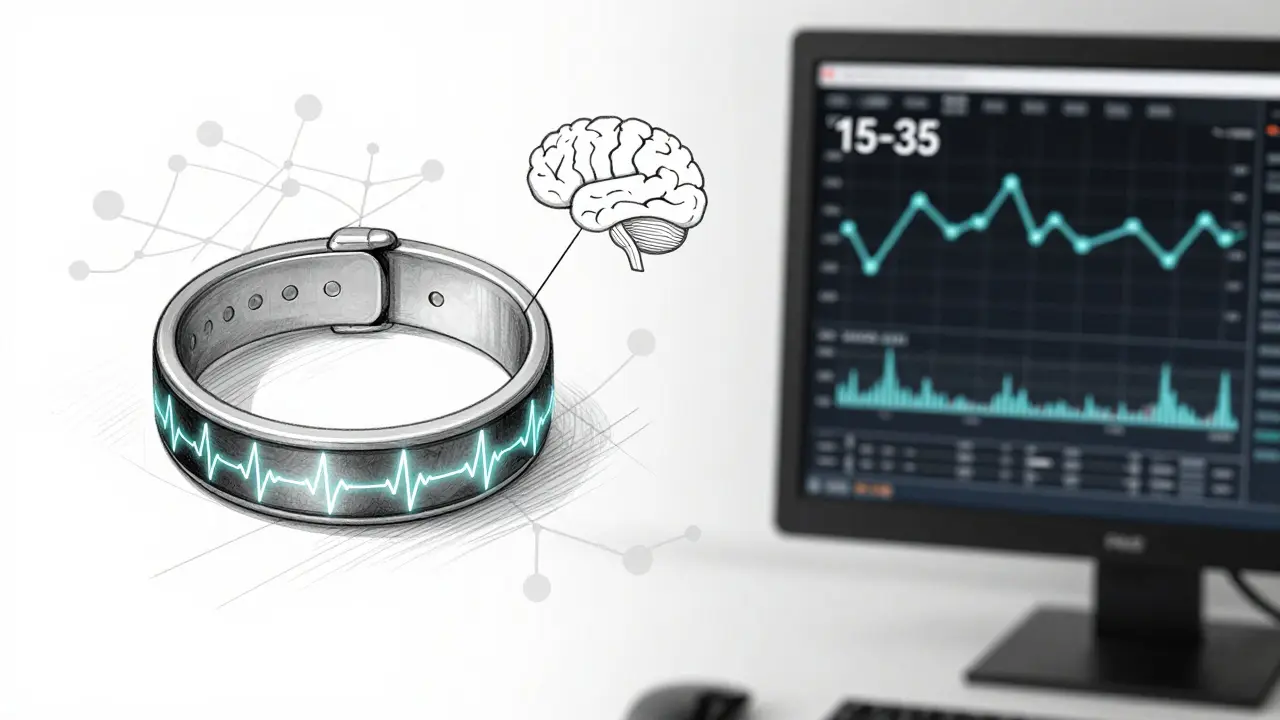 Biometric wristband connected to neural pathways beside a calm VIX index, symbolizing emotional regulation.