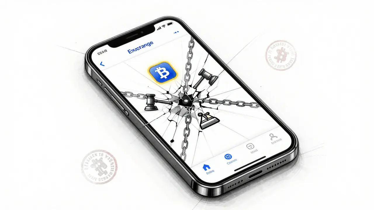 Broken smartphone screen showing a blocked crypto app with chains and gavel symbols radiating from cracks.