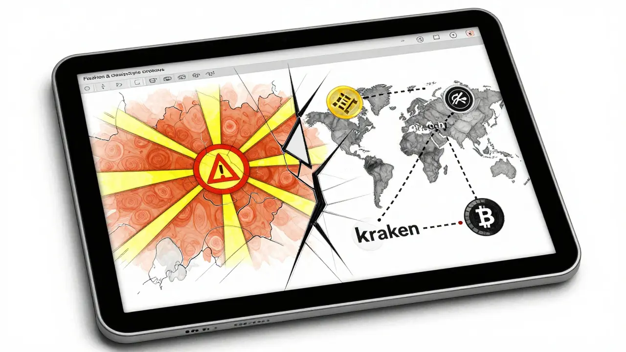 Cracked digital tablet showing North Macedonia map with warning symbols and global exchange connections.
