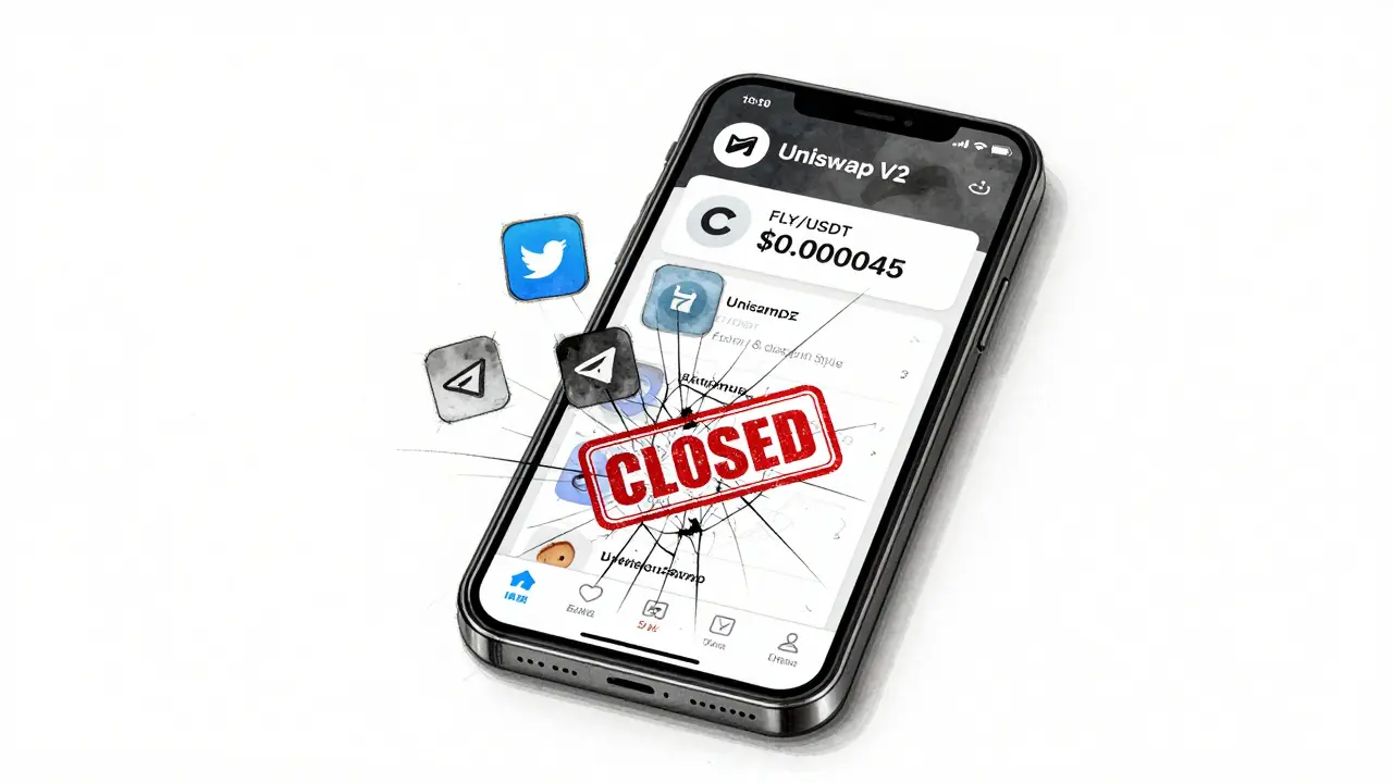 Cracked smartphone showing a frozen FLY trading page with dead social media icons.
