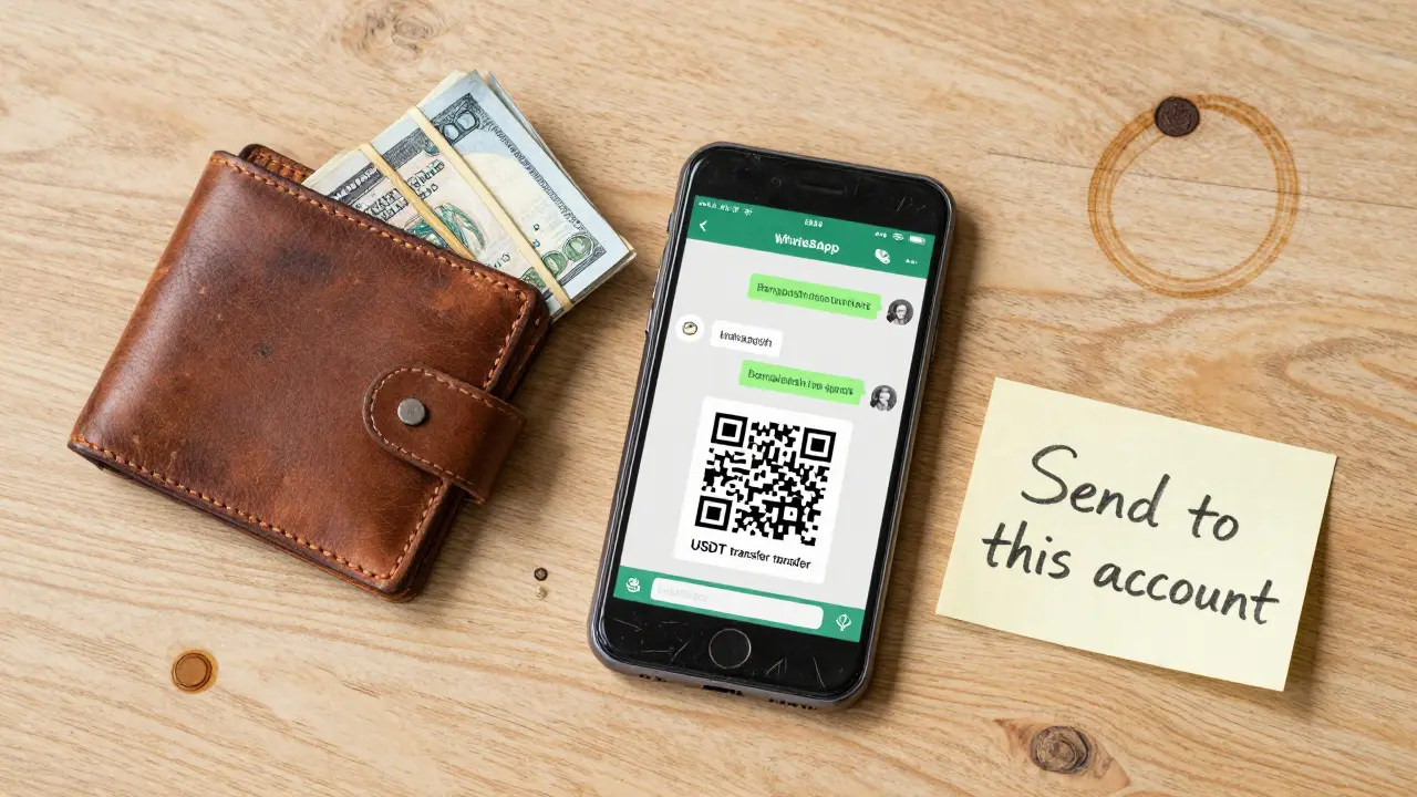 Crypto agent's toolkit: cash, WhatsApp chat, QR code, and handwritten note on wooden table.