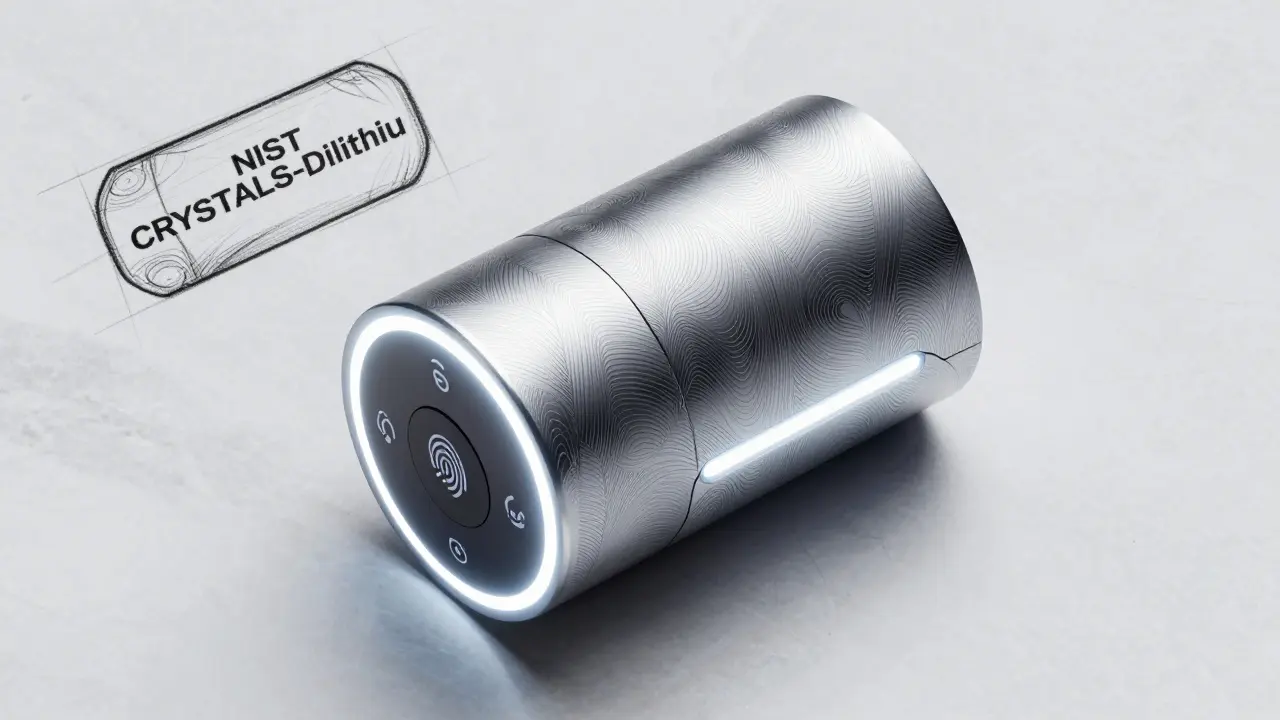 Cylindrical quantum-resistant crypto wallet with algorithm patterns and biometric sensor, illuminated in cool white light.