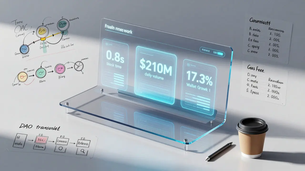 Desktop workstation sketch with holographic Base network metrics and DAO transition notes in design style.