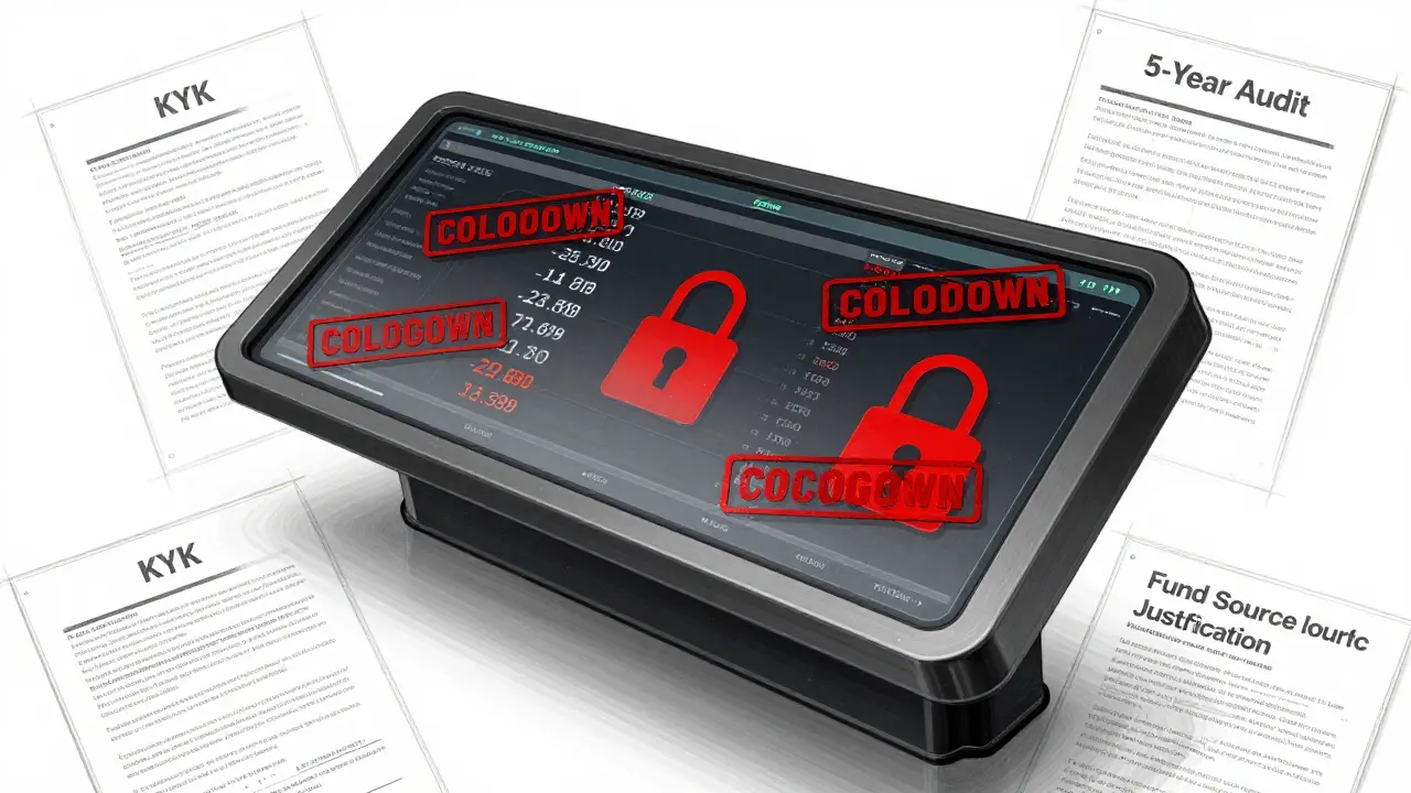 Digital trading terminal with lockdown seals and compliance documents overlaid on a glass interface.