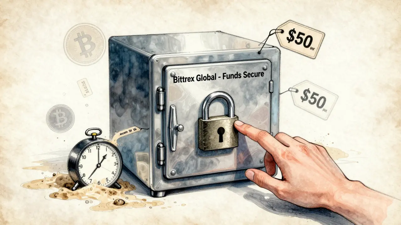 Digital vault sketch with ticking clocks and fee tags, crypto icons slipping away as a hand reaches to withdraw funds.